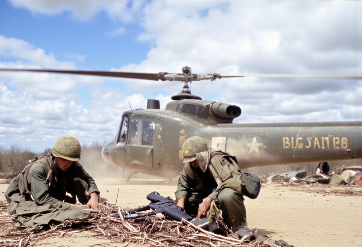 A Vietnam War scene unfolds on a dusty clearing under a glaring midday sun. Two American soldiers crouch amid scattered debris—metal shards, broken foliage, discarded rifle magazines. Their sweat-stained fatigues cling in the humid air. One kneels, reassembling black steel rifle parts and adjusting worn canvas straps on a field pack. The other sits hunched, gripping what seems like a helicopter rotor blade, head bowed, shoulders slumped with exhaustion.
Overhead, a UH-1 “Huey” hovers just meters above the ground, rotor wash stirring dust and dried leaves. Its chipped olive paint speaks of harsh conditions. A cable dangles, suggesting a supply transfer. Another chopper rests behind, tail boom angled, rotors still. The surroundings are barren: tangled roots, charred stumps, pale grass under a hazy blue sky flecked with uneven white clouds.
Captured on 35mm film at about a 35–50mm focal length, the image shows natural daylight tones, moderate contrast, and slight grain. The low camera angle places the viewer at ground level, heightening the gritty tension of this war-torn moment.DRK, aidmaimageupgrader