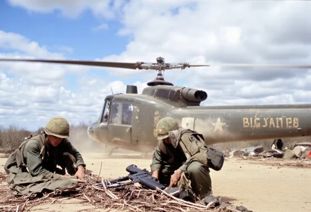 A Vietnam War scene unfolds on a dusty clearing under a glaring midday sun. Two American soldiers crouch amid scattered debris—metal shards, broken foliage, discarded rifle magazines. Their sweat-stained fatigues cling in the humid air. One kneels, reassembling black steel rifle parts and adjusting worn canvas straps on a field pack. The other sits hunched, gripping what seems like a helicopter rotor blade, head bowed, shoulders slumped with exhaustion.
Overhead, a UH-1 “Huey” hovers just meters above the ground, rotor wash stirring dust and dried leaves. Its chipped olive paint speaks of harsh conditions. A cable dangles, suggesting a supply transfer. Another chopper rests behind, tail boom angled, rotors still. The surroundings are barren: tangled roots, charred stumps, pale grass under a hazy blue sky flecked with uneven white clouds.
Captured on 35mm film at about a 35–50mm focal length, the image shows natural daylight tones, moderate contrast, and slight grain. The low camera angle places the viewer at ground level, heightening the gritty tension of this war-torn moment.DRK, aidmaimageupgrader