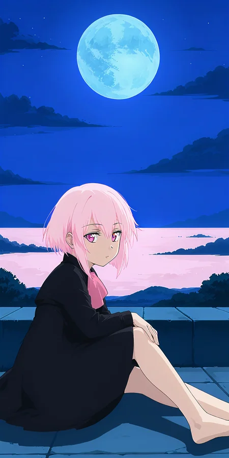 1girl,scenery,looking at viewer,<lora:Artemis_(Tsukuyomi)-000049:1>,pink hair,pink eyes,night sky,moon,on side,short hair,black dress,