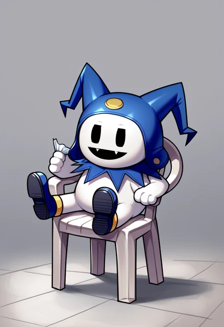 score_9, score_8_up, score_7_up, source_anime BREAK solo, no humans, <lora:Jack-Frost-pdxl_Fp-000006:1>, jackfrostsmt, creature, white skin, solid oval eyes, :d, fangs, jester cap, blue footwear, <lora:PlasticChair_XLPD:1>, plastic chair, sitting, leaning, looking at viewer,