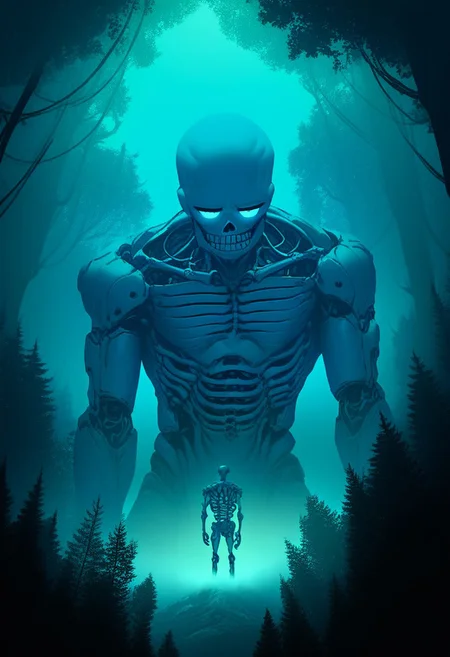 score_9, score_8_up, score_7_up, score_6_up, score_5_up, flat color, sinozick style, john kafka, (1man, blue skeleton), cool shirt, (forest, giant, CR33P1NGF0G, fog)