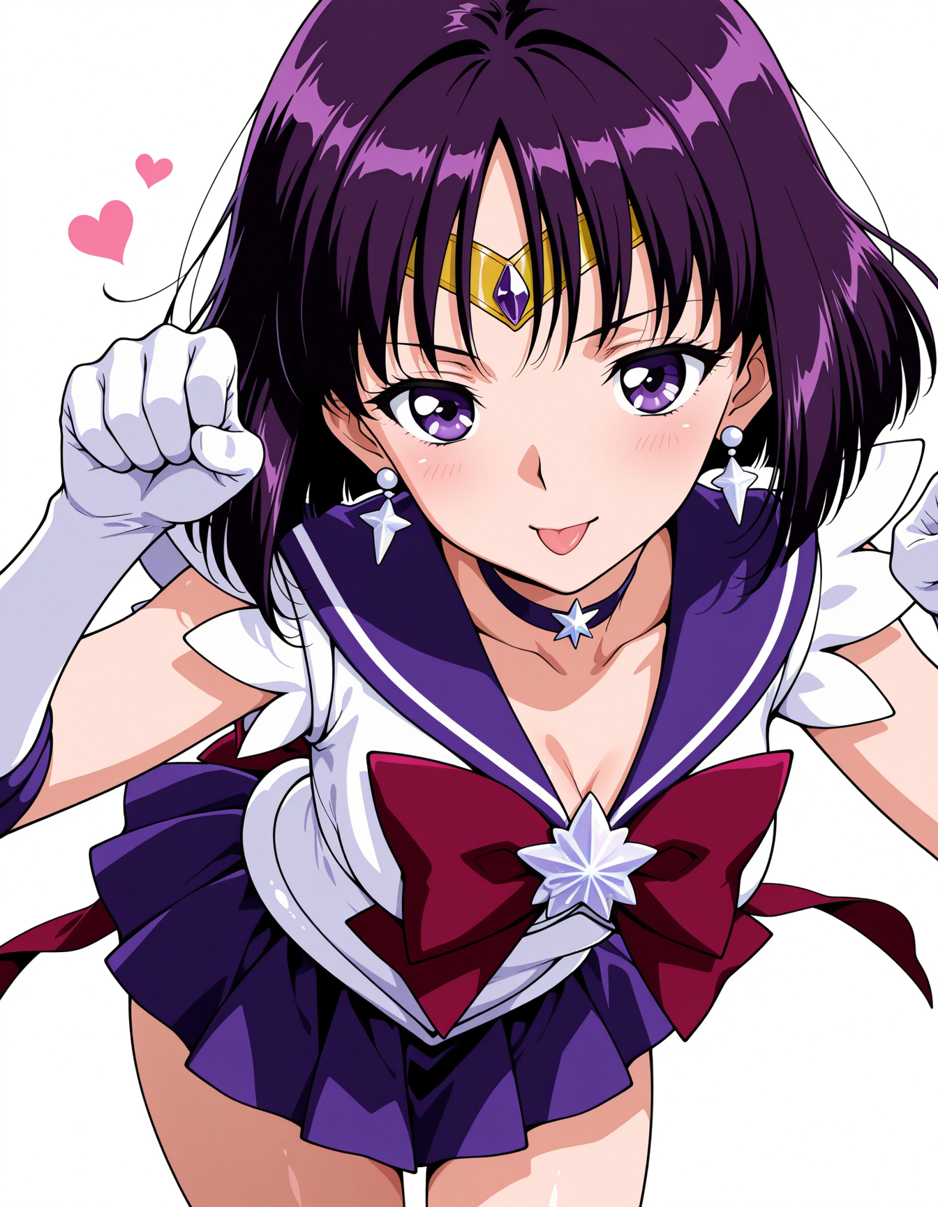 masterpiece,best quality,amazing quality,very aesthetic,high resolution,ultra detailed,perfect details,<lora:my-lora:0.7>,mai_style,
simple background,white background,
1girl,<lora:sailor_saturn_V4:0.7>,sailor saturn,solo,purple eyes,short hair,purple hair,circlet,star brooch,choker,earrings,gloves,jewelry,magical girl,skirt,purple sailor collar,sailor collar,star choker,white gloves,solo,
cat_pose,front view,Tilted head,:p,