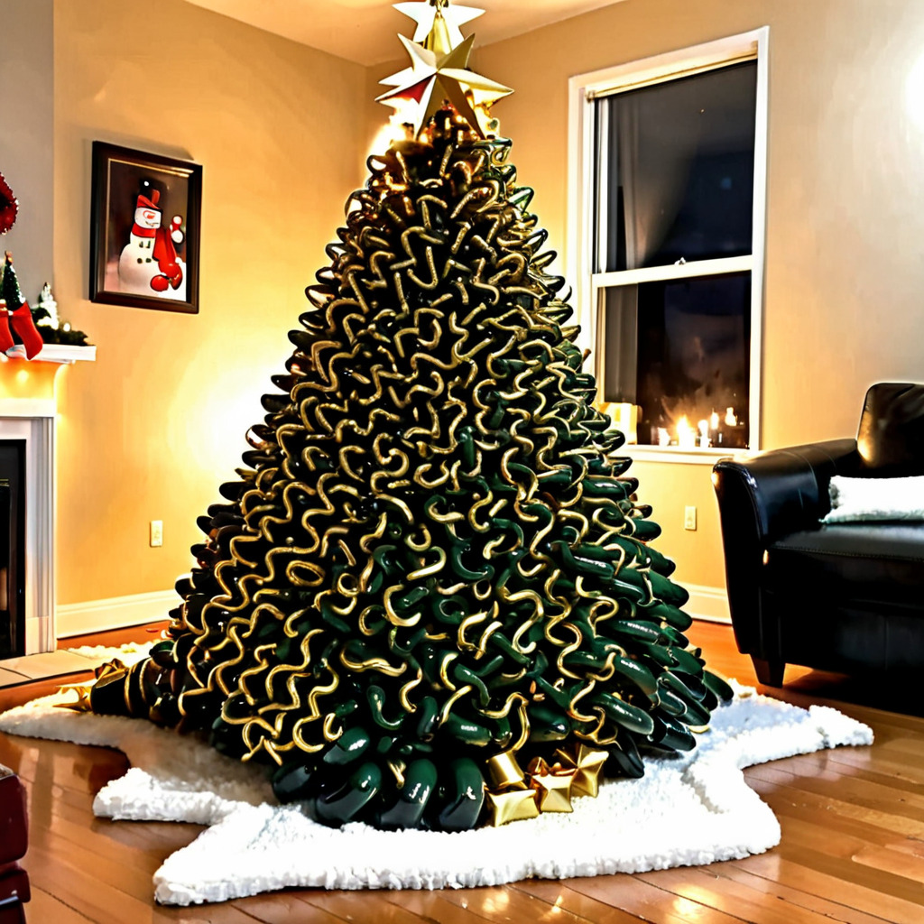 ASCIIjoyful happy christmas style, wide angle, big ((messy stack of entangled thick dark green tentacle)), thick tentacles crawling on the rug, ((tall)) (pile of thick tentacles in the rough (shape of a christmas tree)), (tiny) gold metal star on top,  well lit, candle lights, in the middle of a living room, on a white rug on a hardwood floor, wrapped gifts around, hyperrealistic, ultra realistic, 8k, fireplace