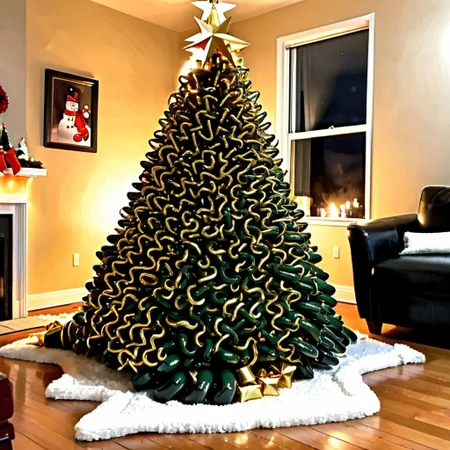 ASCIIjoyful happy christmas style, wide angle, big ((messy stack of entangled thick dark green tentacle)), thick tentacles crawling on the rug, ((tall)) (pile of thick tentacles in the rough (shape of a christmas tree)), (tiny) gold metal star on top, well lit, candle lights, in the middle of a living room, on a white rug on a hardwood floor, wrapped gifts around, hyperrealistic, ultra realistic, 8k, fireplace
