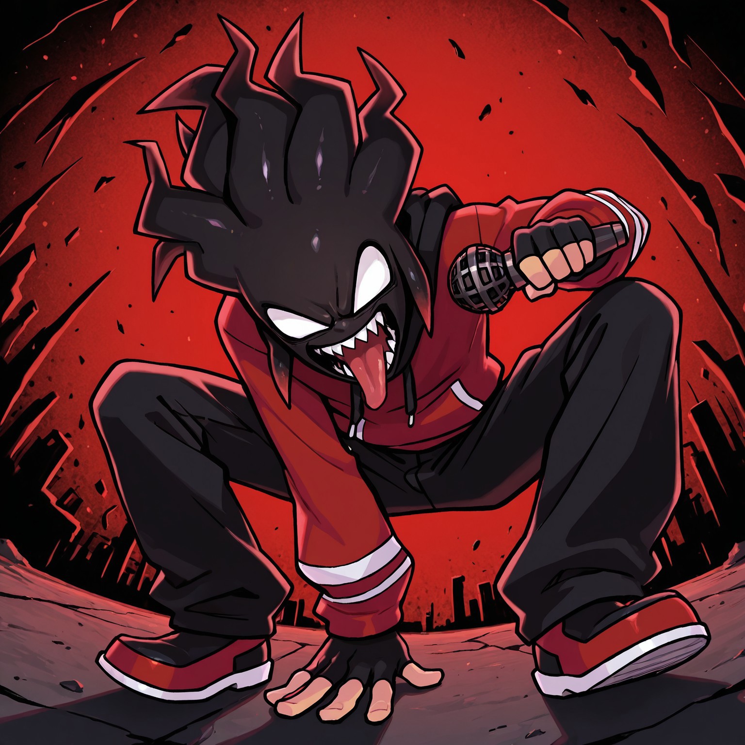 2d, 1boy, solo, Agoti, male, humanoid, monster boy, black head, black hair, short hair, tendril-like hair, hair up, rising hair, white sclera, no pupils, red hoodie, black drawstrings, black fingerless gloves, black pants, white chains, red and black shoes, white shoe soles,  

BREAK furious, sharp teeth, tongue out, screaming, from above, outside, on one knee, holding microphone, low angle view, looking at viewer

BREAK best quality, amazing quality, very aesthetic, absurdres, newest, masterpiece 