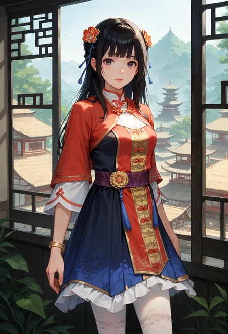 score_9, score_8_up, score_7_up, source_anime, masterpiece, She leans out of a window, enjoying the fresh breeze., <lora:Daqiao_Dynasty_Warriors:0.8> 1girl, solo, black hair, long hair, braid, hair ornament, chinese clothes, jewelry, bracelet, skirt, white pantyhose, outdoors, looking at viewer, cowboy shot