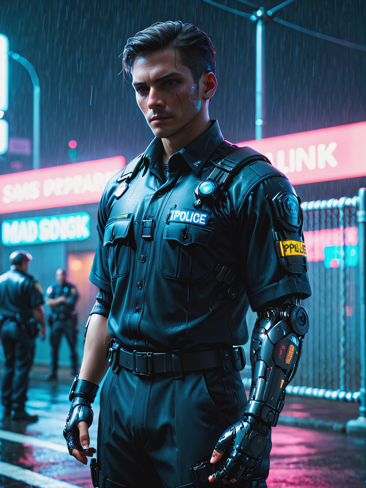(mad-2cbrrm,  mad-1cbrrm:1.3), police officer in uniform, in front of chain link fence, cyberpunk,  night, neon light, haze, rain,  <lora:Neon_Cyberpunk_Cyberarm_SDXL:0.8>, (masterpiece:1.2), best quality