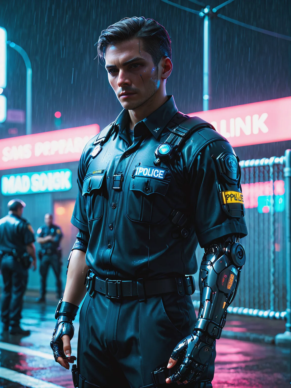 (mad-2cbrrm, mad-1cbrrm:1.3), police officer in uniform, in front of chain link fence, cyberpunk, night, neon light, haze, rain, <lora:Neon_Cyberpunk_Cyberarm_SDXL:0.8>, (masterpiece:1.2), best quality