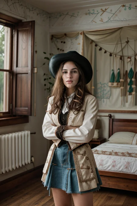 <lora:LCM_LoRA_Weights_SD15:1>,<lora:detail_slider_v4:1.2>,(angelic cowboy) 28year old adult woman, cameltoe:1.3, Athletic build, medium hazel hair, korean, dark skin, wearing cowboy hat with beaded band, Fringed leather jacket, suede skirt with lace trim, suede cowboy boots with floral embroidery, work gloves with reinforced palms and fingers,western tie with a decorative slide and leather cord, set in the far west era, in Bedroom, Cozy space with a four-poster bed, a handmade quilt, a washstand with a pitcher and basin, a wardrobe for clothes storage, a rocking chair by the window ,(full body:1.3),(full shot:1.3),(wide shot:1.3),(full body portrait:1.3),from outside:1.1,long exposure photography, streaking lights, smooth motion, dreamy landscapes, ethereal atmosphere, light painting, creative expression, time manipulation, surreal effects, captivating visuals, artistic interpretation, immersive experience, unique perspective,
