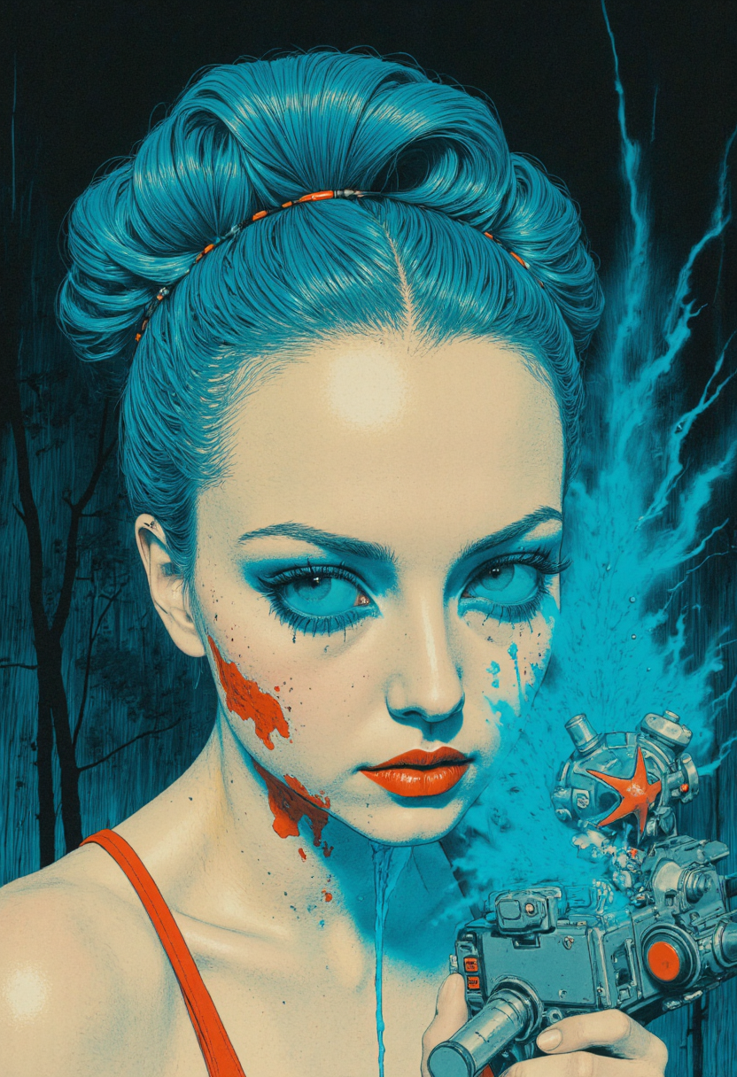 A haunting, digital painting brings to life an extreme close-up of a female Lannik's face. The subject exudes eeriness and dread with her shaded eyes reflecting both sadness and pain that seem almost contagious in their intensity. Her gaze transitions from melancholic sorrow to violent malicious intent, creating a palpable sense of unease for the viewer.  The macabre artwork features an intricate, hyper-detailed style with a vibrant neon fluorescent monochromatic gradient background in bleached tones, combined with gray and white color grading for a dramatic effect that enhances the unsettling mood of the piece. The Lannik's skin is rendered with extreme precision, revealing pores and fine wrinkles, as well as subtle details like freckles or scars, all contributing to her otherworldly appearance.  The juggernaut phaser emanating from her body serves as a reminder of the destructive power she possesses, further accentuating the contrast between her seemingly fragile demeanor and hidden malevolence. This digital painting expertly combines horror, suspense, and intricate details to create an unforgettable work that leaves viewers questioning the true nature of the subject within its haunting confines., <lora:neil-krug-flux1-dev-v1-000082:0.5> in the style of neil-krug,<lora:openart_Teal_Sunset_III_20250115_084643:0.5>,<lora:Eldritch_Photography_for_Flux_1.2.3:0.5>,<lora:franck-bohbot-flux1-dev-v1-000058:0.5> in the style of franck-bohbot