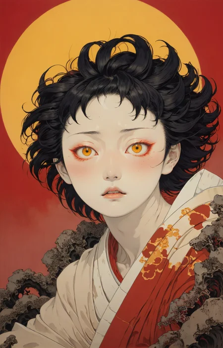 japanese line art, horror painting, extreme face close-up of a statuesque Santomean woman with a tired expression with a crimson sky, yellow sun, in the style of takato yamamoto <lora:takma2:1>