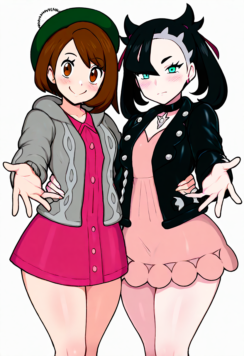 masterpiece, best quality, medium breasts, (curvy),   BREAK, 2girls, zzMarnie, aqua eyes, black hair, black choker, red ribbon, pink dress, jewelry, black jacket, open clothes, long sleeves, Gloria (pokemon), brown hair, brown eyes, green hat, grey cardigan, hooded cardigan, cable knit, pink dress, green socks, long sleeves, collared dress, blush, happy, arm around waist, hand towards viewer, ,curvy, <lora:MarnieGloriaPokemon_NAI:1.0>,smile, looking at viewer, cowboy shot, sexy pose,  <lora:AfrobullNAI:0.8>,