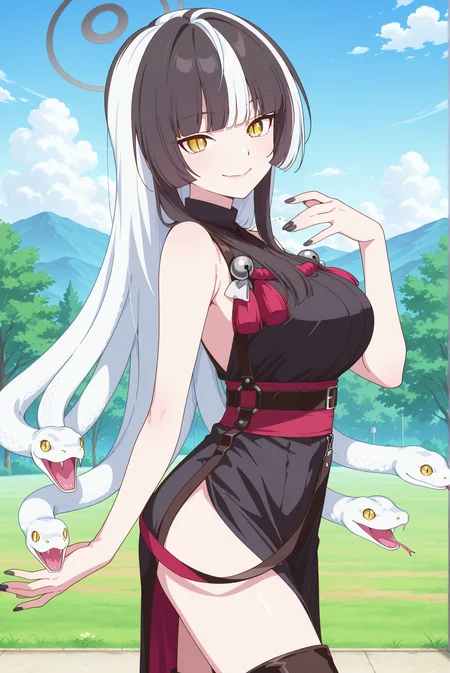 masterpiece, best quality, anime, 2d, 1girl, (anime screencap:1.4), (slender), (large breasts), solo, <lora:BA-Azami-ILXL-V2:1> hobu4z4mi, <lora:anime_screencap:1>
BREAK (black hair, white hair, two-tone hair, streaked hair, long hair, halo, living hair, snake hair, blunt bangs, white snake), outdoors,
BREAK (side slit, black dress, two-tone dress, sleeveless dress, bell, strap, belt, thigh boots, black boots, high heel boots, nail polish, black nails, two-sided fabric, shimenawa, rope),
BREAK (red obi, sash)
BREAK (looking at viewer, cowboy shot, from side, dynamic pose:1.4), (yellow eyes, slit pupils, smile)