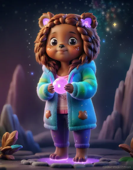 character female Werebear standing in Starstruck - A young stargazer embarks on a celestial adventure to rescue a fallen star., particle volumetric dust  <lora:STYLIZARD_v1:1.2> sharp focus, macro, micro, Chestnut Orchid ambient, sub surface scattering, glow