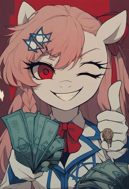 score_9, score_8_up, score_7_up, score_6_up, masterpiece, source_anime, source_hentai,
solo, 1girl, <lora:negev.pony:1>, thumbs up, one eye closed, money, holding money, portrait, cropped torso, smile, (crazy smile:0.6), (shaded face:0.6),
<lora:xl_more_art-full_v1:0.6>,
<lora:Dark_Anime:0.8>, Dark Anime of negev,