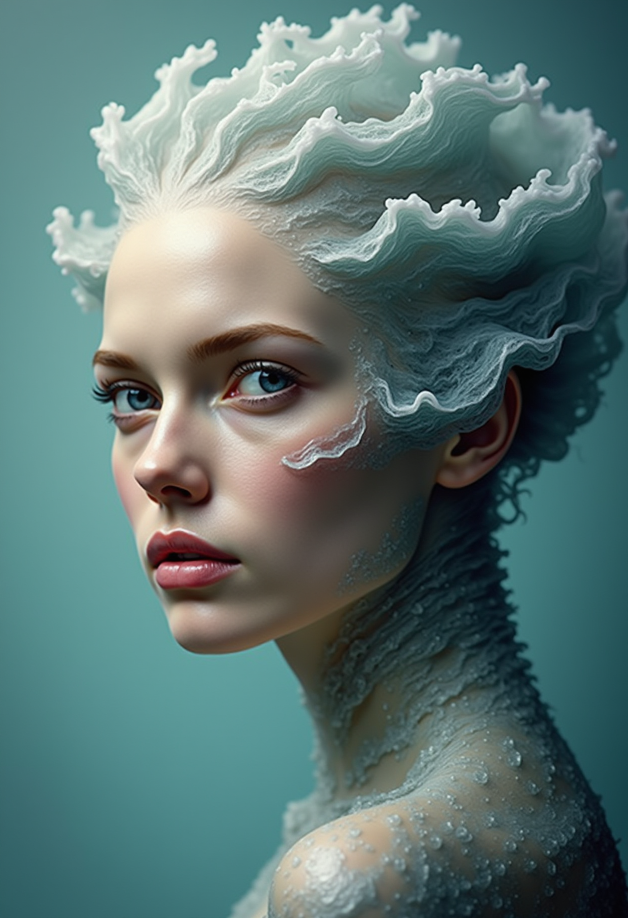 raw photography, a close-up portrait of a bald woman with hair follicles resembling an ocean wave, made of water, wave crest, foam, surreal photography <lora:Dever_Flux_Enhancer:0.5>