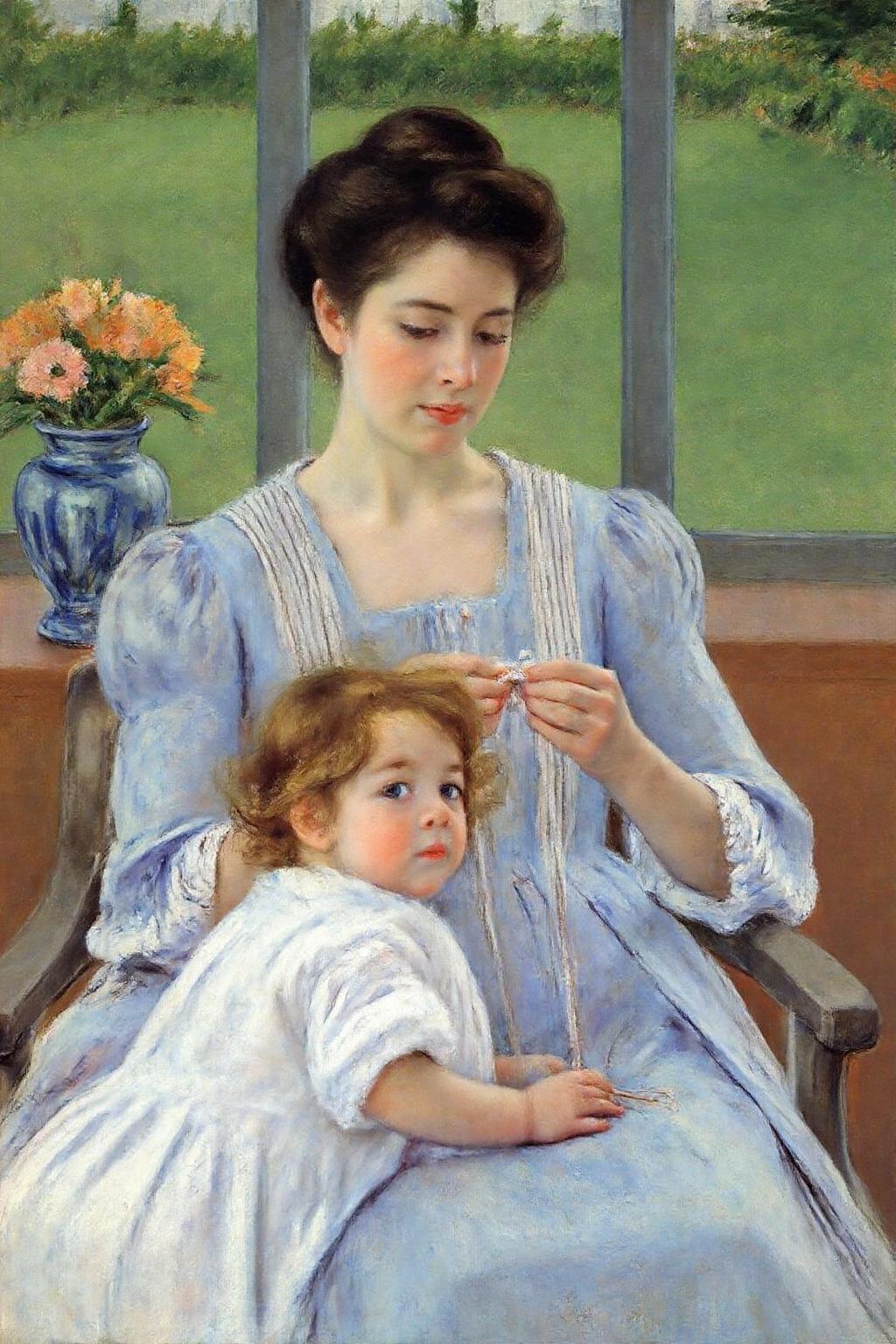marycassatt1 painting.
A tender moment between a woman and a little girl. The woman, with a serene expression, is knitting while sitting in a chair. She has dark hair styled in an elegant updo and is dressed in a light blue dress with white stripes, typical of the Victorian era. She is sitting infront of a large window with a view to a green garden. there is a vase with flowers behind her. The little girl is turning her head, looking back, while leaning aginst the woman's lap.
 <lora:marycassatt1_cap_d6a3e17:1.0><lora:833902561187649656:0>