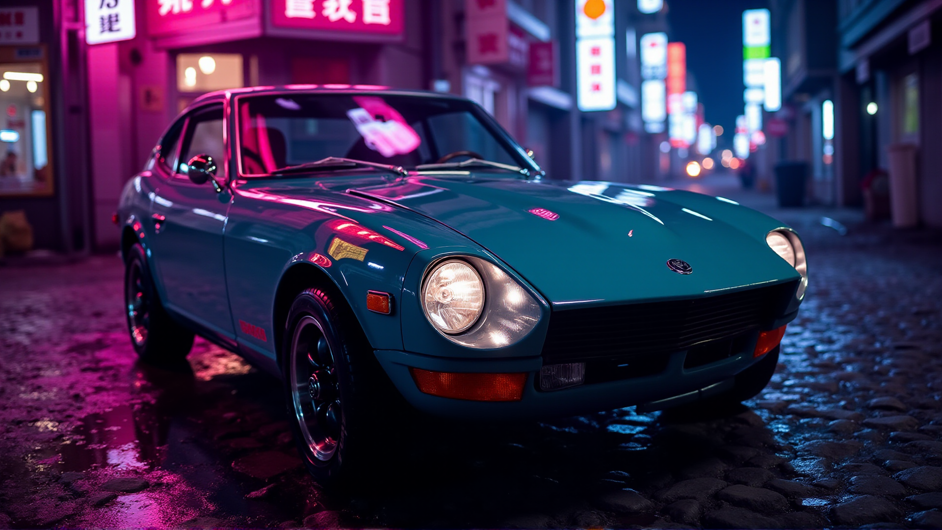 Deep in the heart of a neon-lit Tokyo backstreet, a 1972 Nissan Datsun 240Z Fairlady in metallic teal gleams under the vivid glow of multicolored signs. The carâs smooth body lines reflect the vibrant pinks and blues of the surrounding lights, creating a kaleidoscope of colors on its sleek hood. The classic round headlights are illuminated, cutting through the misty rain hanging in the air. Wet cobblestones beneath the car shimmer, amplifying the electric energy of the bustling yet intimate setting
<lora:ral-nssndtsn_000001000:1>