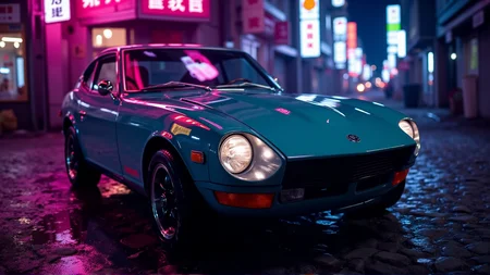 Deep in the heart of a neon-lit Tokyo backstreet, a 1972 Nissan Datsun 240Z Fairlady in metallic teal gleams under the vivid glow of multicolored signs. The carâs smooth body lines reflect the vibrant pinks and blues of the surrounding lights, creating a kaleidoscope of colors on its sleek hood. The classic round headlights are illuminated, cutting through the misty rain hanging in the air. Wet cobblestones beneath the car shimmer, amplifying the electric energy of the bustling yet intimate setting
<lora:ral-nssndtsn_000001000:1>