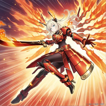 flying,sky striker ace - raye,mecha musume,official alternate costume,red power armor,solo,fiery wings,flaming red huge sword,holding flaming red huge sword,black bodysuit,red sword wings,red headgear,red armored gloves,red breastplate,red mechanical boots,red theme,official art,pyrokinesis,full body,
masterpiece,best quality,amazing quality,very aesthetic,absurdres,newest,<lora:Sky striker ace - kagari illusXL v1:0.7>,