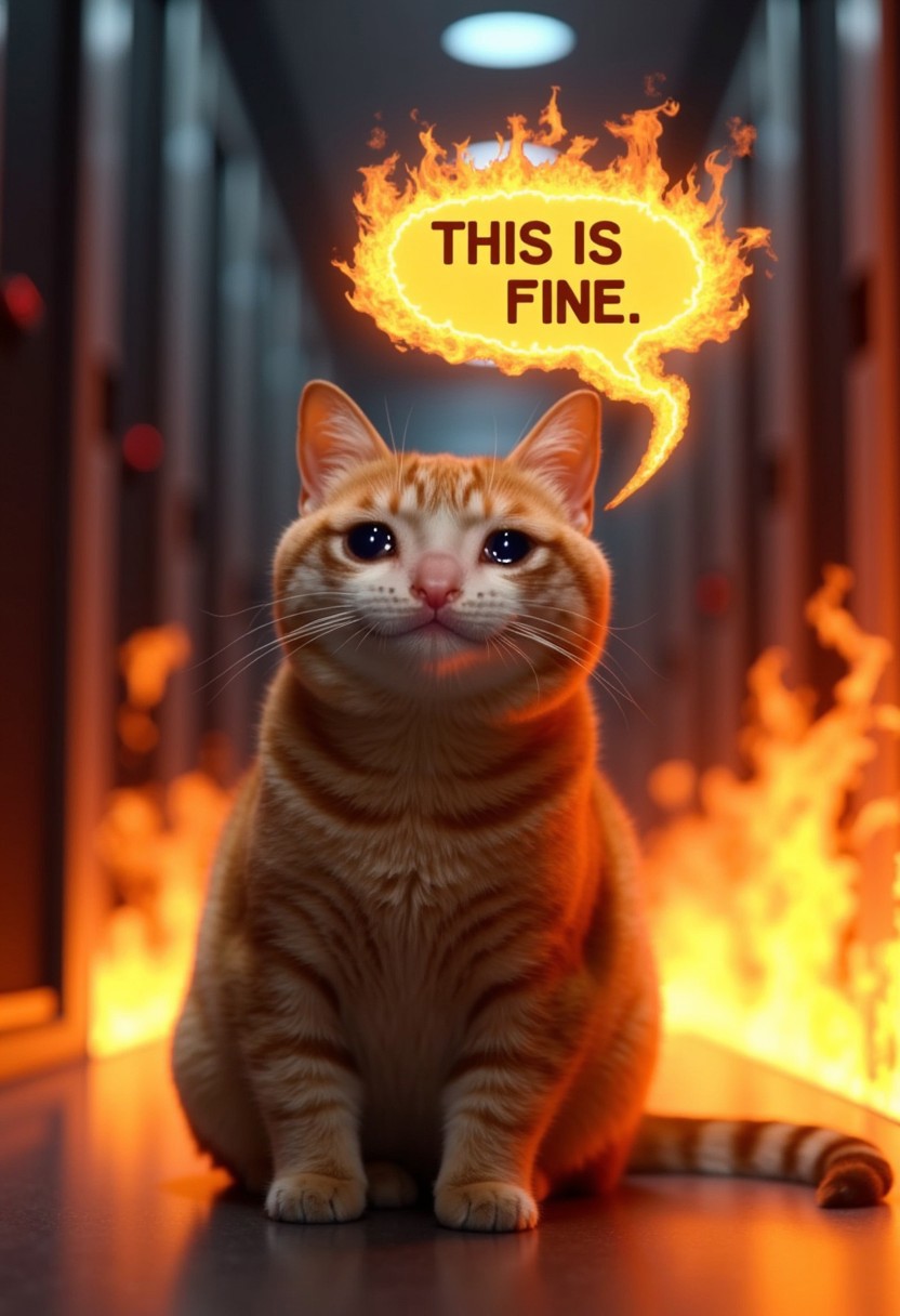 realistic photo of crying cat with a speech bubble that says "THIS IS FINE.", surrounded by flames, sitting on the floor, shallow depth of field,  server room in background, the server is on fire, incredibly detailed, hyperrealistic digital photo, crying, tears, lots of flames. The speech bubble is also on fire.