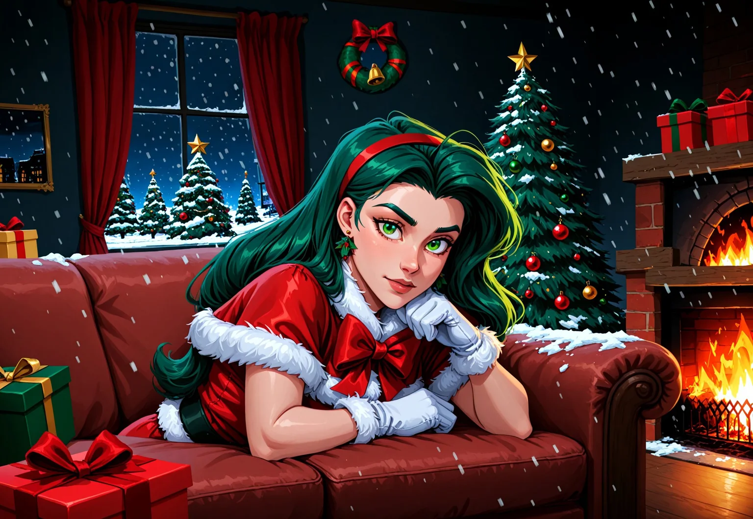 animated nightmare style, 1girl, gloves, solo, christmas tree, green hair, christmas, window, green eyes, jewelry, gift, indoors, earrings, long hair, white gloves, night, christmas ornaments, snowing, box, fireplace, red bow, hairband, bow, looking at viewer, curtains, gift box, couch, fur trim, snow, sky, red hairband