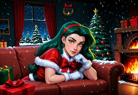 animated nightmare style, 1girl, gloves, solo, christmas tree, green hair, christmas, window, green eyes, jewelry, gift, indoors, earrings, long hair, white gloves, night, christmas ornaments, snowing, box, fireplace, red bow, hairband, bow, looking at viewer, curtains, gift box, couch, fur trim, snow, sky, red hairband