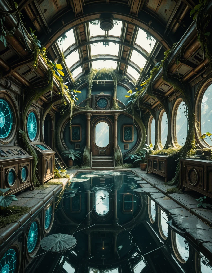 The interior of an ancient abandoned spaceship, overtaken by lush vegetation. The walls and ceiling are covered in thick, twisting vines and moss. Strange alien plants glow faintly in shades of blue and green, casting an eerie, mystical light across the metallic surfaces. Rusted control panels and shattered glass windows hint at a long-forgotten past. The floor is cracked and partially flooded with still, reflective water. Patches of bioluminescent fungi cling to the corners, adding a surreal atmosphere. The air feels heavy with moisture, and beams of soft, diffused light filter through holes in the hull, creating dramatic shafts of light and shadow. The overall style is hyper-realistic, rich in textures, with a cinematic and slightly melancholic mood.<lora:SDXLFaeTastic2400:0.4> <lora:extremely_detailed:0.4> extremely detailed,ancient abandoned sp4c3sh1p, <lora:ancient_abandoned_sp4c3sh1p-i:1>, Masterpiece,best quality,hi res,8k,hi res,8k,award winning,(sharp focus, intricate, highly detailed),