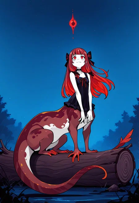 1girl, :3, amphibian eyes, blue background, bow, centauroid, colored skin, hair bow, hair ornament, hair ribbon, log, long hair, looking up, sitting on log, monster girl, multicolored hair, multicolored skin, red eyes, red hair, ribbon, salamander, tail, taur, webbed feet , webbed hands general, safe, (masterpiece:1.2),(best quality:1.2), monochrome, sketch, (flat color:0.5), (Semi realistic:0.3), (minimalistic:0.6), ink scenery, muted color, ink art , newest, ai-generated,anime screencap, intricate details, Goth girl, gw, glowing, night, night sky, ,flatstyle, flat color, outlines,, afkArenaStyle, tokiame