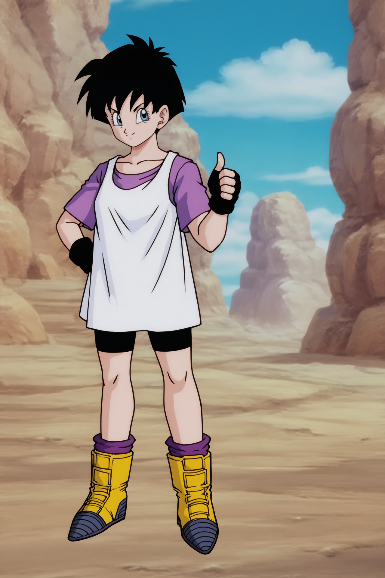 source_anime, score_9, score_8_up, score_7_up, anime screencap,8k, absurd res,
videl, 1girl, solo, looking at viewer, smile, short hair, blue eyes, undershirt, dress over shirt, black hair, two tone footwear, standing, full body, boots, outdoors, sky, day, black gloves, loose socks, cloud, fingerless gloves, blue sky, hand on hip, grass, bike shorts, thumbs up, purple legwear, yellow footwear, sleeveless dress, white dress, short sleeves, purple shirt, collarbone, looking at another, spiked hair
 <lora:videlSatan_pony_v1:0.8>
