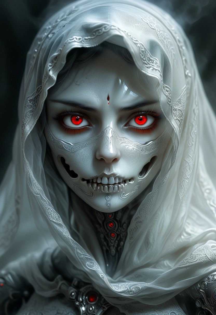 score_9, score_8_up, score_7_up, masterpiece, fantasy. realistic. 
intimidating woman. Mysterious. veiled. ghost-like appearance.  bright red eyes. threatening energy. eerie aura. 
perfection style, midjourneyv6.1, vivid background, snstsplndrCE style, photorealistic eyes, perfect skin texture, detailed face, perfect face, detailed eyes. detailed mouth, art by mooncryptowow, novuschroma style, fog, from side,