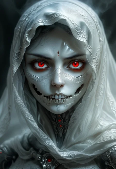 score_9, score_8_up, score_7_up, masterpiece, fantasy. realistic.
intimidating woman. Mysterious. veiled. ghost-like appearance. bright red eyes. threatening energy. eerie aura.
perfection style, midjourneyv6.1, vivid background, snstsplndrCE style, photorealistic eyes, perfect skin texture, detailed face, perfect face, detailed eyes. detailed mouth, art by mooncryptowow, novuschroma style, fog, from side,