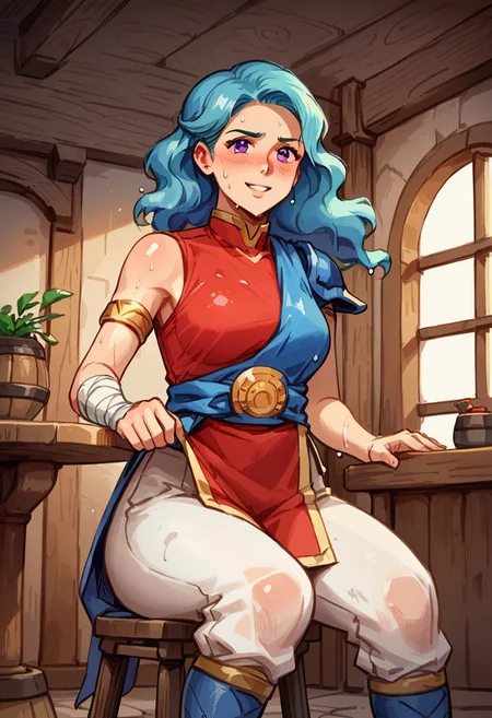 Score_9, score_8_up, score_7_up, score_6_up,score_5_up, anime color, watercolor, ink lines, anime style, source_cartoon, valere, aqua hair, (wavy hair), long hair, curvy hips, purple eyes, single shoulder pad, blue cape, blue sash, red shirt, armlet, sleeveless, bandaged arm, white pants, blue boots, (((close up))), sitting, (((((wet clothes))))),face focus, dynamic angle, sweating, blush, view from below, huge weapon, (((holding weapon))), double-bladed spear, 1girl, solo, action pose, leaping, smiling, slightly nervous, (best quality,masterpiece), ultra high res,ultra-detailed, :: indoors, tavern, table, painted background, sunset,