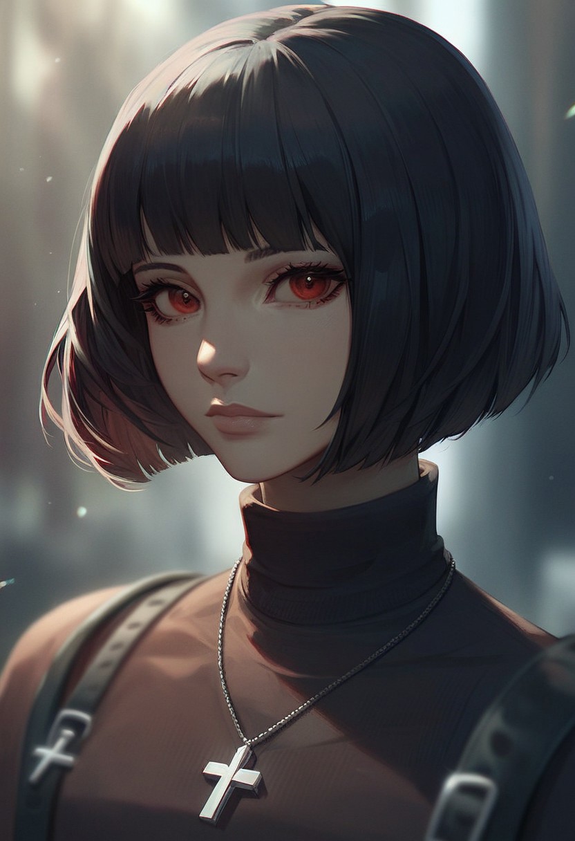 score_9, score_8_up, score_7_up, SLVTK, 1girl, solo, short hair, black hair, jewelry, looking at viewer, necklace, cross, portrait, bangs, red eyes, closed mouth, turtleneck, blurry background, cross necklace, lips, piercing, blurry, bob cut, eyelashes
