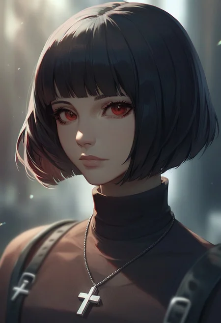 score_9, score_8_up, score_7_up, SLVTK, 1girl, solo, short hair, black hair, jewelry, looking at viewer, necklace, cross, portrait, bangs, red eyes, closed mouth, turtleneck, blurry background, cross necklace, lips, piercing, blurry, bob cut, eyelashes
