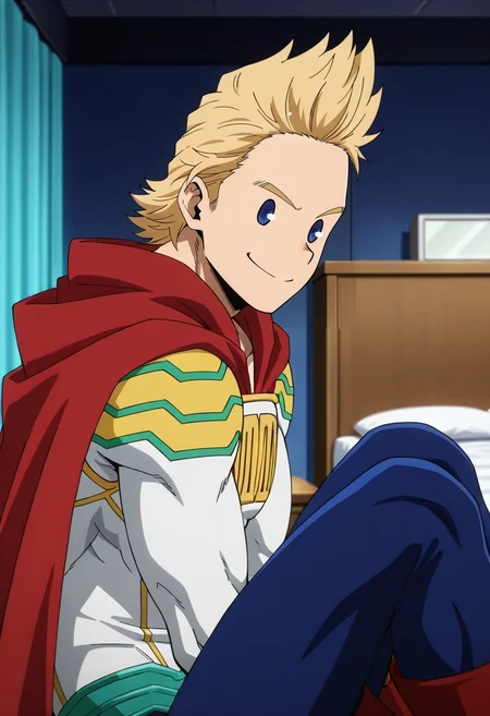 masterpiece, best quality, intricate details, anime screencap, , official style, looking at viewer, 1boy, solo, male focus, <lora:mirio_toogata_ilxl:0.98>, mirio_toogata, blonde hair, blue eyes, short hair, spiked hair, bodysuit, superhero, red cape, from side, bedroom, bed, nightstand, indoors, dark, knees up, naughty smile, ,