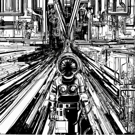 black and white, photorealistic intricately detailed comic book art by award winning line artist, of a steampunk scientist stepping stepping through a magical portal, black and white ink, epic cinematography