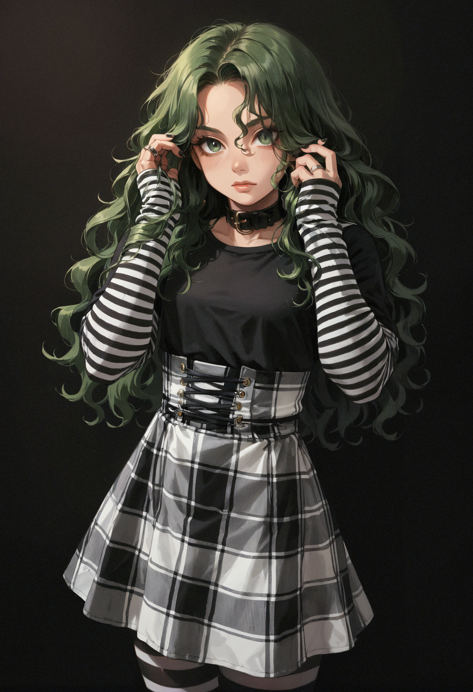 score_9,score_8_up,score_8_up,(portrait:1.3),dark background,1girl,standing,full body,green hair,very long curly hair,green eyes,(hand_in_own_hair:1.25),high-waist plaid skirt,striped clothes,striped pantyhose,black top,long sleeves,small breasts,black nails,multiple rings,striped sleeves,black collar,striped arm warmers,sleeves past wrists,high-waist skirt,<lora:MyTrainings\Temp\AlterCiri_Striped_Socks_Goth_Dress_Pony_ARZUMATA\AlterCiri_Striped_Socks_Goth_Dress_Pony_ARZUMATA.safetensors:0.7>
