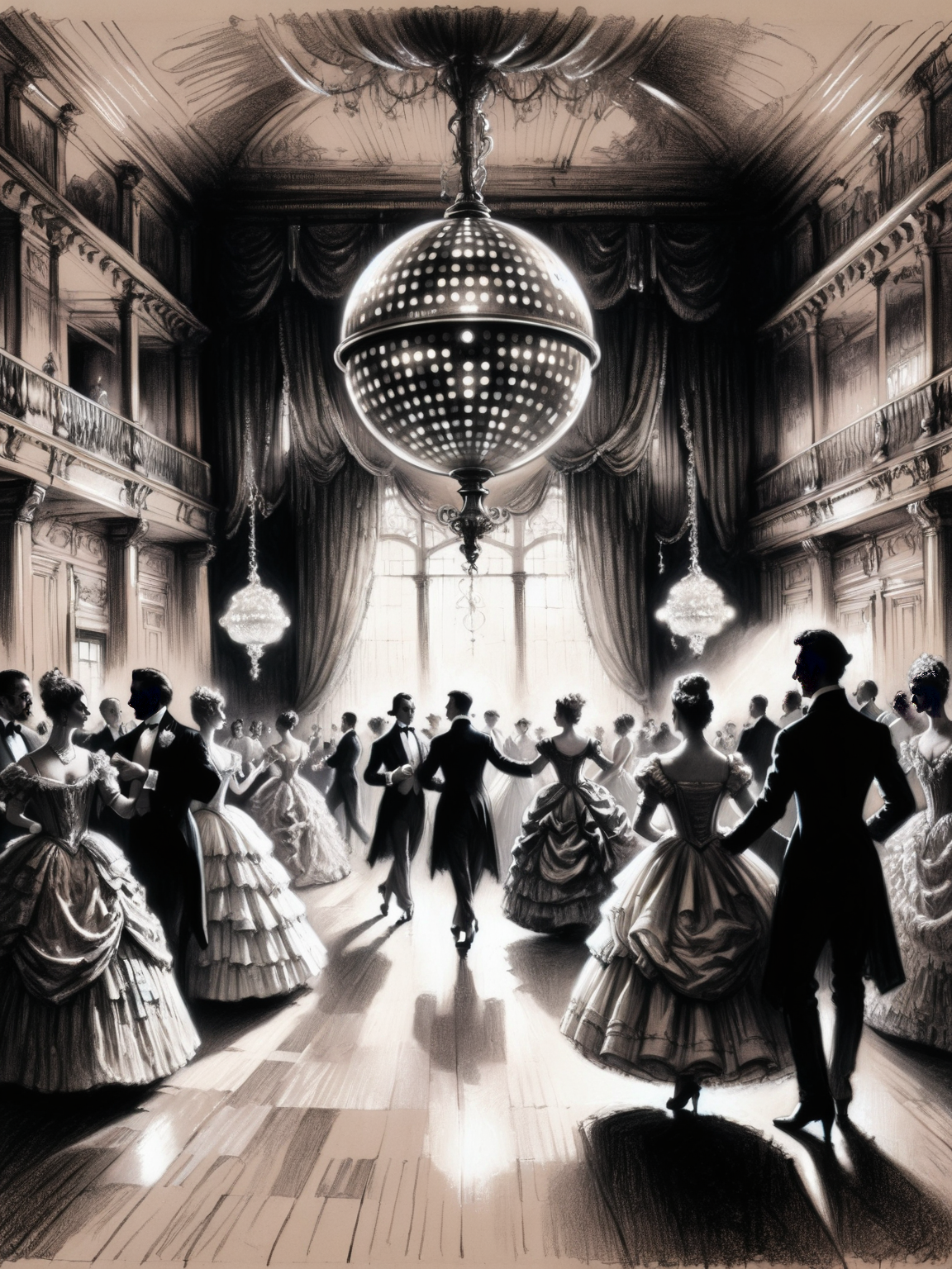 A scene of a grand ball with dancers in period dress, yet the ballroom is lit by neon lights and a disco ball, a dance across time <lora:Renaissance_style:1.0>, <lora:EnvyBetterHiresFixXL01:0:hr=1>