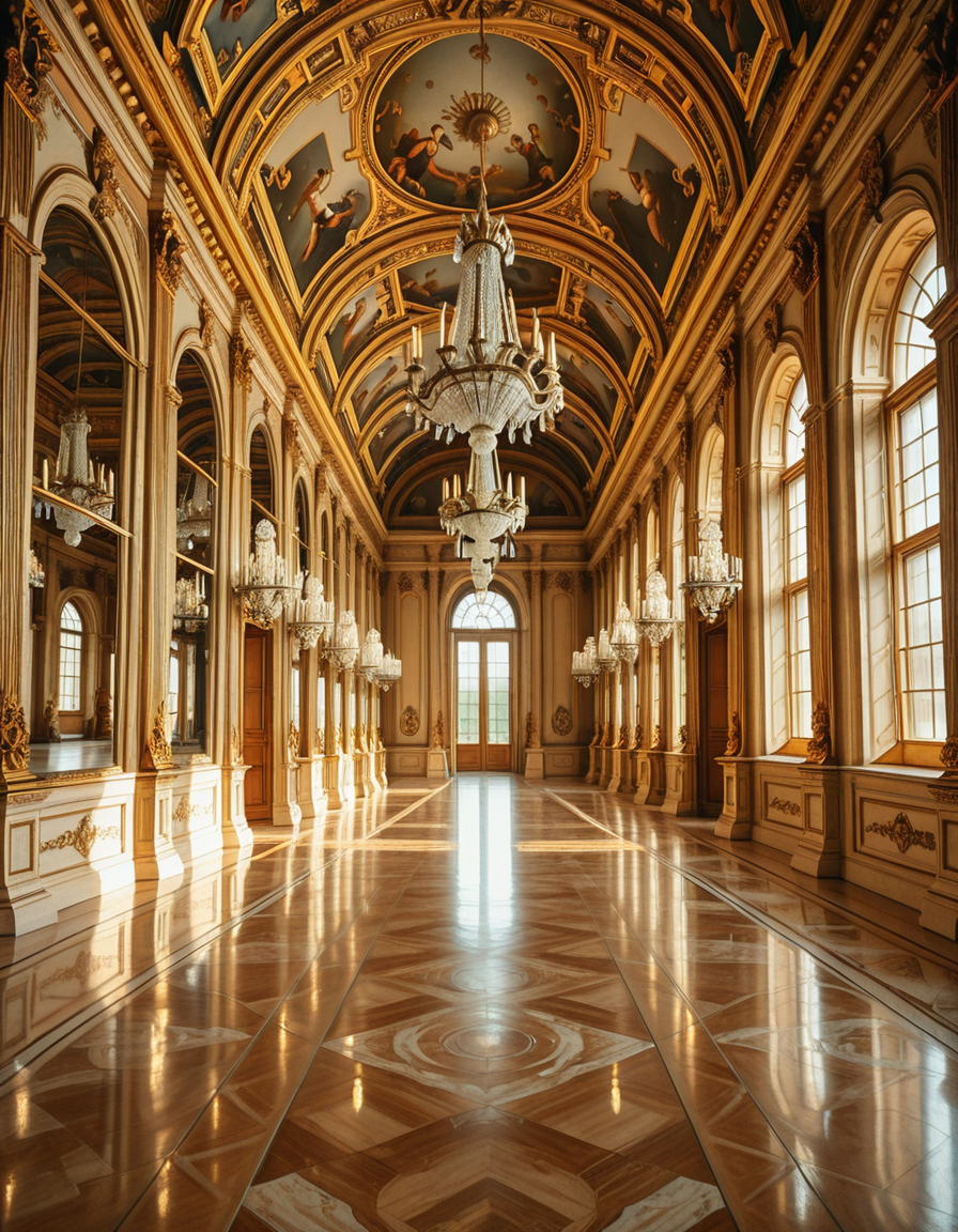 A breathtaking, photorealistic depiction of the Hall of Mirrors (Galerie des Glaces) at the Palace of Versailles in France, captured in golden afternoon light. The hall is grand and opulent, with a high arched ceiling painted with intricate Baroque frescoes. The walls are lined with tall arched mirrors on one side and large arched windows on the opposite side, flooding the space with natural light. Elegant crystal chandeliers hang from the ceiling, reflecting in the mirrors and sparkling with golden highlights. The marble floors are polished and gleaming, with rich, warm tones. Gilded statues and decorative elements frame the mirrors and doorways. The image style is ultra-detailed and photorealistic, with sharp textures and soft, warm lighting creating a majestic, timeless atmosphere. No people present, only the serene magnificence of the empty hall. Camera angle at eye level, centered down the hall, capturing the full length and symmetry of the space.
<lora:SDXLFaeTastic2400:0.4> <lora:extremely_detailed:0.4> extremely detailed,Hall of M1rr0rs, <lora:Hall_of_M1rr0rs-i:1>, Masterpiece,best quality,hi res,8k,hi res,8k,award winning,(sharp focus, intricate, highly detailed),