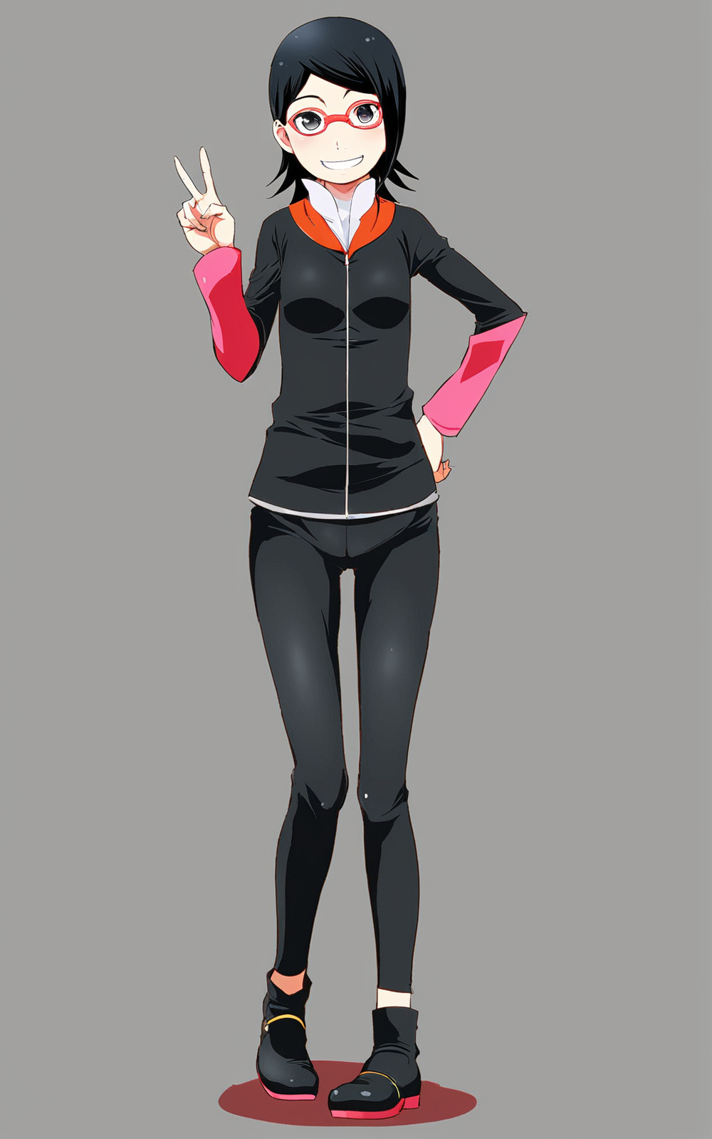 <lora:Pony_XL_Sunahara_Wataru_Style:1>, sarada uchiha, grinning, smiling, v, looking at viewer,full body shot