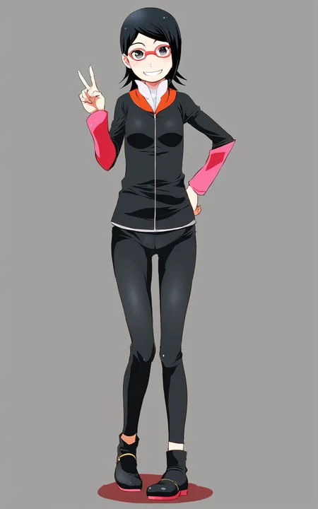 <lora:Pony_XL_Sunahara_Wataru_Style:1>, sarada uchiha, grinning, smiling, v, looking at viewer,full body shot