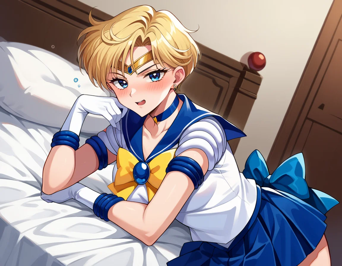 score_9, score_8_up, score_7_up, source_anime,
sailoruranus, <lora:sailor-uranus-ponyxl-lora-nochekaiser:1>
sailor uranus, blonde hair, blue eyes, parted bangs, short hair, very short hair,
back bow, blue bow, blue choker, blue gemstone, blue sailor collar, blue skirt, bow, bowtie, choker, circlet, earrings, elbow gloves, gem, gloves, jewelry, miniskirt, pleated skirt, sailor collar, shirt, short sleeves, skirt, white gloves, white shirt, yellow bow, yellow bowtie,
indoors, bed, bed room, on side, blush, drunk,
looking at viewer, cowboy shot, dutch angle,