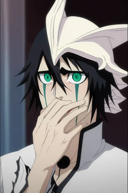 score_9, score_8_up, score_7_up, source_anime, semi-realistic, , upper body, depth of field, 1boy, solo, male focus, <lora:ulquiorra_cifer_pony:0.78>, ulquiorra_cifer, , fruits costume, , Hands covering mouth, suggesting surprise or shock, <lora:sdxl_lightning_8step_lora:1>