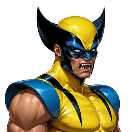 FutureFightStyle, ((semi realistic)), white background, simple background, solid color background, 2d, solo, 1male, Marvel, X-Men, Wolverine, pale-skinned male, muscular male, yellow bodysuit, black stripes, sleeveless, shoulder armor, blue shoulders, blue gloves, Mask, multicolored mask, yellow mask, black mask, white eyes, no pupils, body hair, covered neck, angry expression, gritting teeth, fangs, 3 claws, (((headshot)))