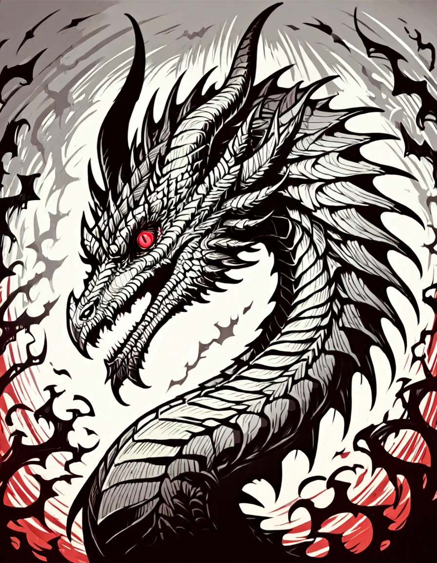score_9, score_8_up, score_7_up, <lora:Clean Sketch (J) style:1> monochrome, solo, dragon, horns, scales, red eyes, red glow, portrait, creepy, from side,