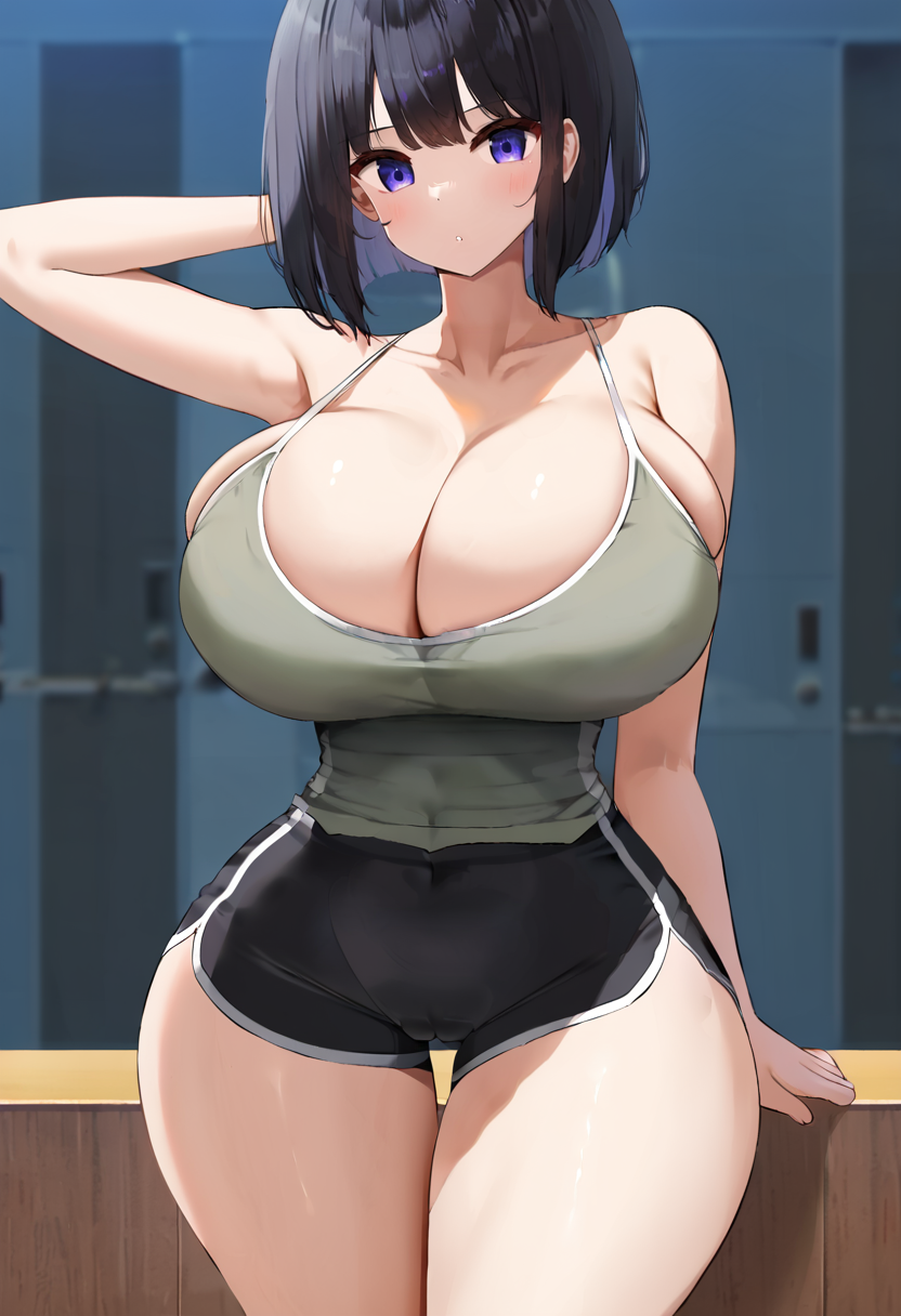 score_9, score_7_up,  1girl, 
solo, huge breasts, wide hips, thick thighs, purple eyes, breasts, genderswap \(mtf\), short shorts, black shorts, taut clothes, bare arms, arm behind back, short hair, side slit, arm up, shorts, collarbone, high-waist shorts, thighs, genderswap, black hair, bob cut, dolphin shorts, camisole, cleavage, covered navel, standing, cameltoe, spaghetti strap, cowboy shot, green camisole, parted lips
 <lora:Nicorima-Style-PonyXL-GLoRA-000044:1>