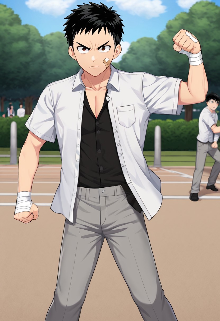 harmard, black hair, short hair, brown eyes, 1boy, solo, solo focus, wear white shirt, unbuttoned shirt, chest pocket, black t-shirt, grey pants, plaster on cheek, bandage on hands, at park, outdoor, fight pose, furious expression