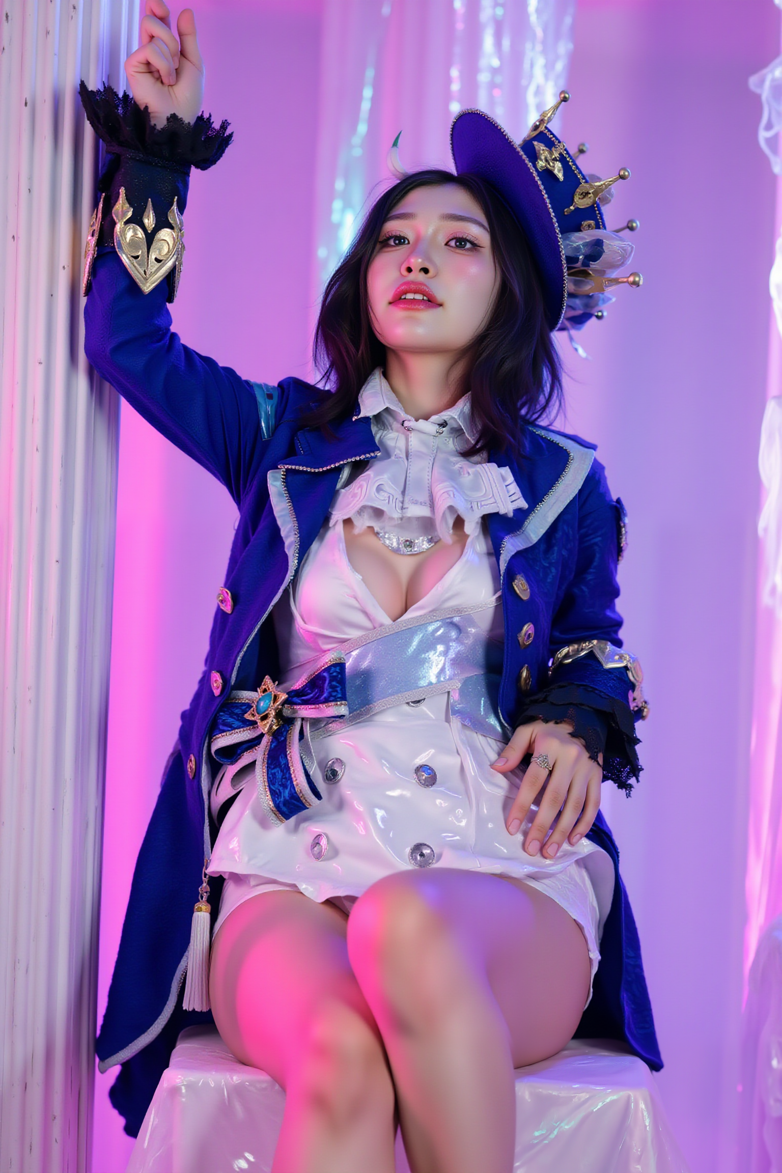 A professional, high-resolution image of a young woman in a casual leaning pose against a textured wall. Her shoulders rest against the surface with one foot crossed over the other, creating a relaxed triangular stance. One hand rests in her pocket while the other hangs naturally, conveying an approachable yet sophisticated mood.

She is wearing SGWN34Clothing, a blue and gold crown with intricate details, a matching blue coat with gold accents, a white corset, and thigh-high boots.. Her makeup is dramatic, with dark eyeliner and bold, glossy pink lips. 

The lighting features a high-contrast, monochromatic white color scheme that creates a moody, intimate atmosphere. 

The photography technique uses what appears to be soft lighting to create a glamorous effect, with careful attention to highlighting contours while maintaining the dominant light pink color scheme throughout the frame.

The overall aesthetic combines elements of fashion photography, traditional Asian visual motifs, and contemporary boudoir styling. The dramatic light pink lighting creates a cohesive visual theme that ties all elements of the composition together.

The white light emit on her to show her feature.