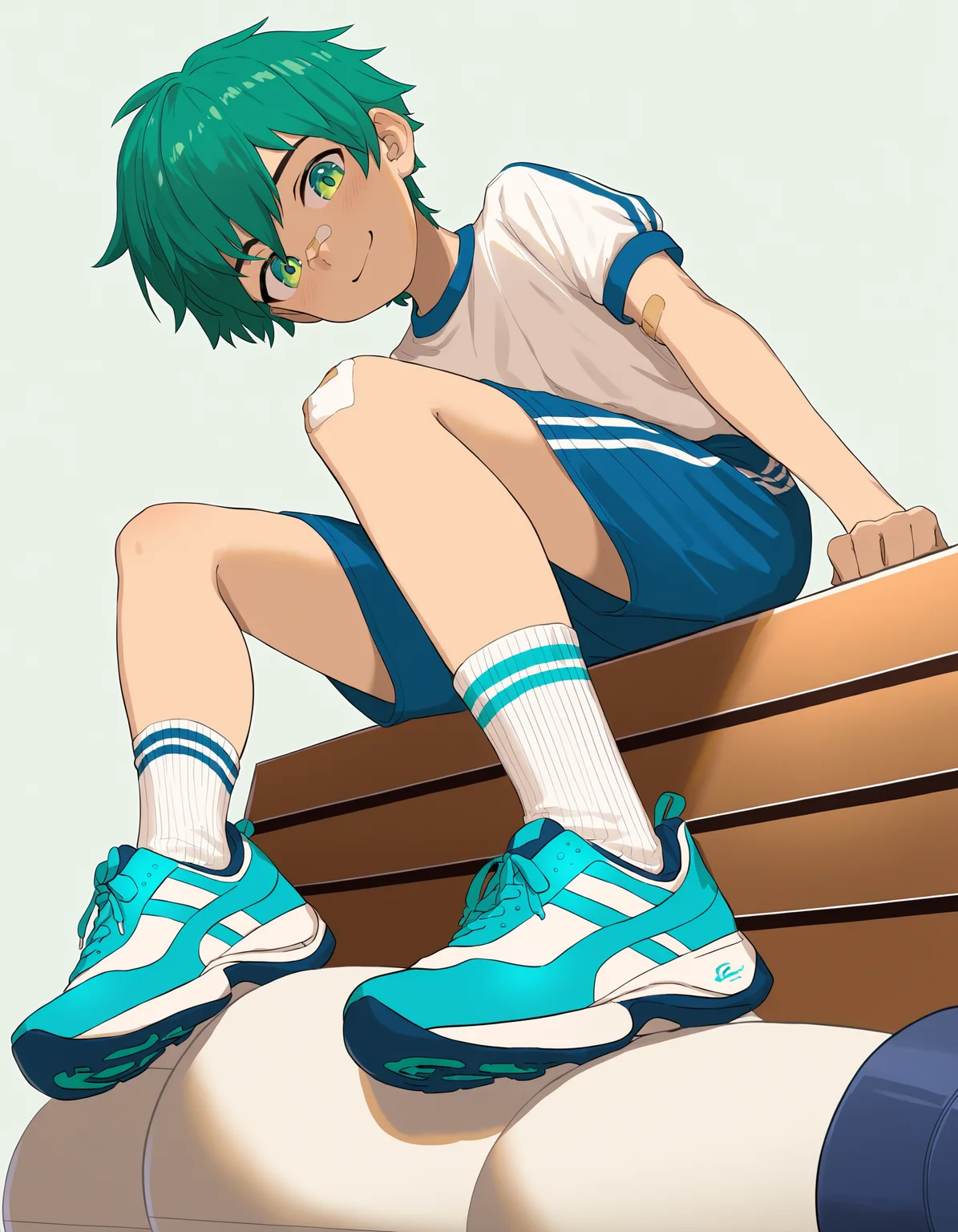 masterpiece, best quality, luye-style, simple background, full body, from below, 1boy, solo, green hair, green eyes, smile, gym uniform, gym shirt, blue shorts, sitting, looking down at viewer, bandaid on nose, bandage, sneakers, socks <lora:luye-yuan_naXL_v3c-ShoAI:1>